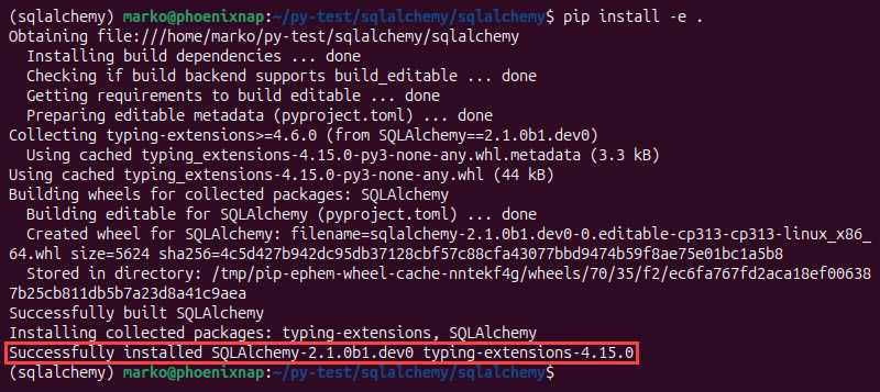 Installing SQLAlchemy Git version with pip.
