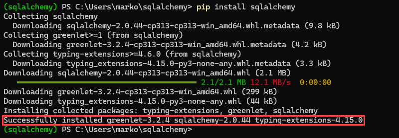 Installing SQLAlchemy using pip in Windows.