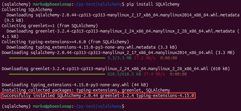 Installing SQLAlchemy with pip.