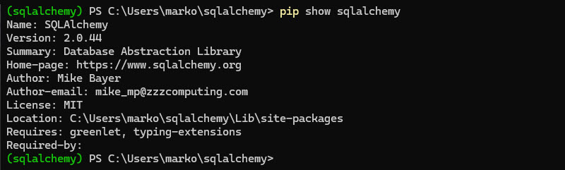 Viewing the SQLAlchemy version installed on the system.