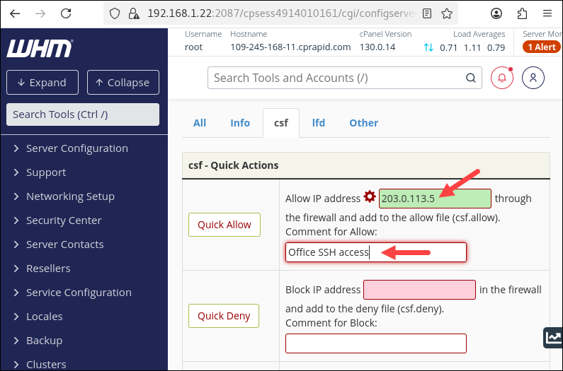 Quick allow an IP address in WHM.