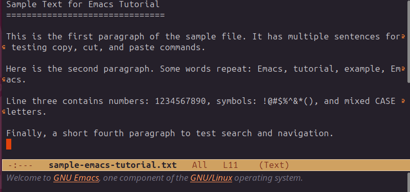 Sample text in Emacs
