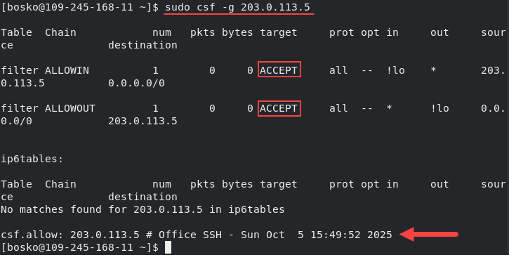 Search for an IP address in current rules.