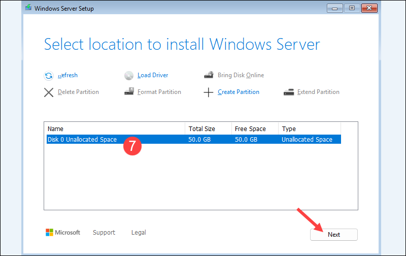 Select location for Windows Server instillation.
