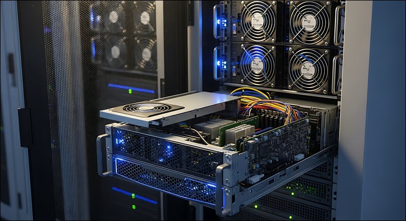 An illustration of a server in a rack with the lid open, showing the inside components.