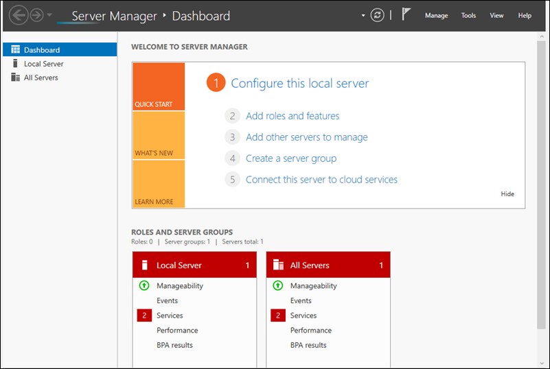 Server Manager app Dashboard.