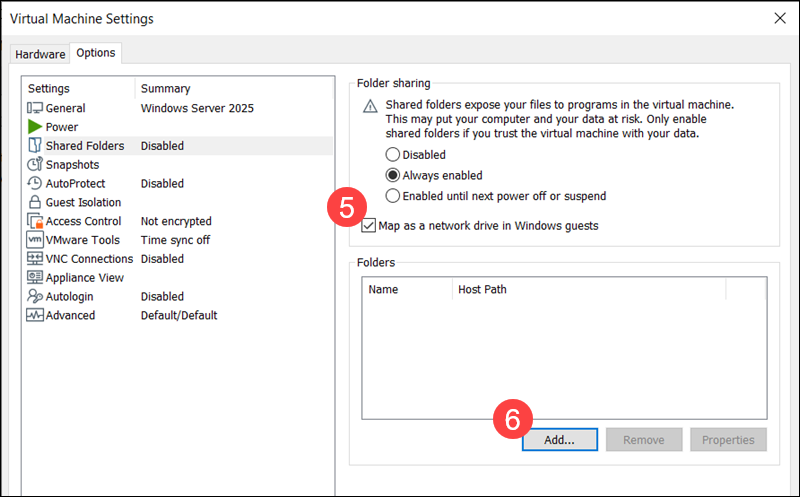 Adding a Shared Folder to Windows VM in VMware.