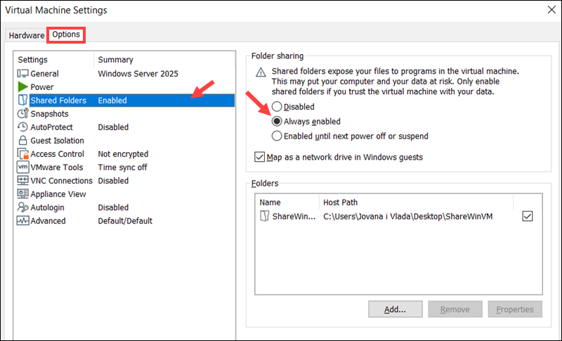 Shared Folder enabled in VMware Workstation.