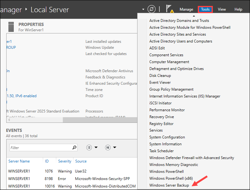 Start the Windows Server Backup feature.