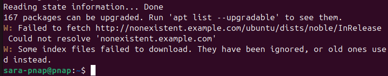 The output shows which repository failed and the reason given by apt. This helps users determine if the issue is local or server-side. failed to fetch error