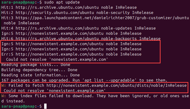 sudo apt update for temporary failure resolving host terminal output