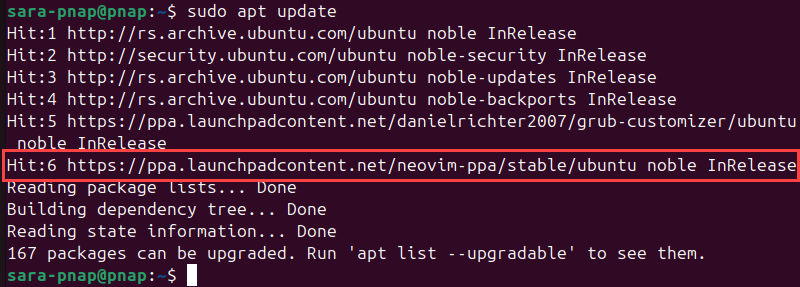 sudo apt update with neovim PPA terminal output