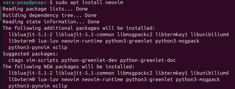 sudo apt install neovim terminal output