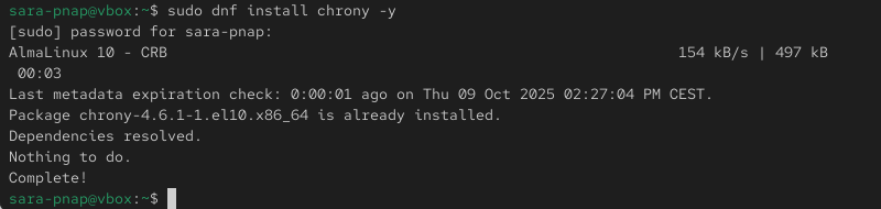 sudo dnf install chrony -y terminal output