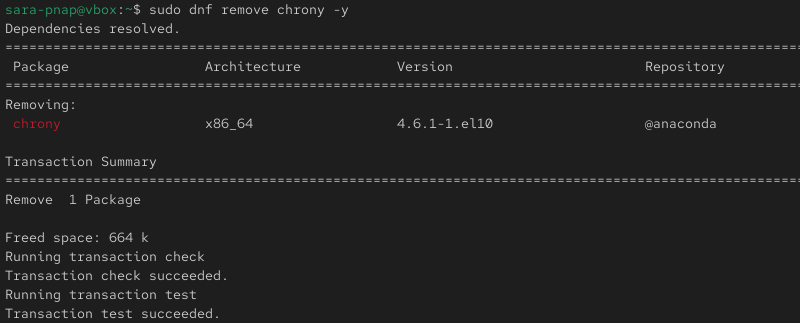sudo dnf remove chrony -y terminal output