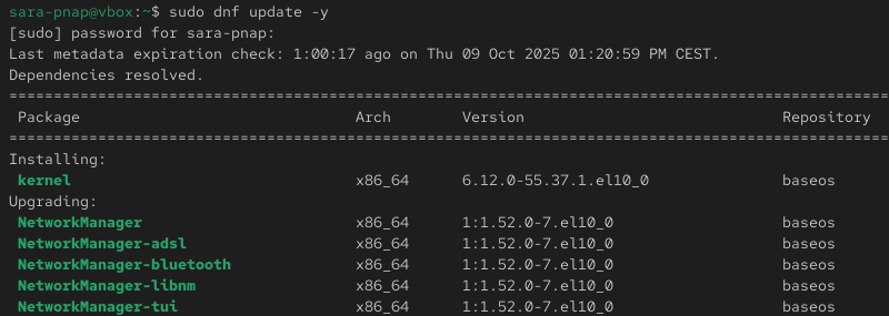 sudo dnf update -y terminal output