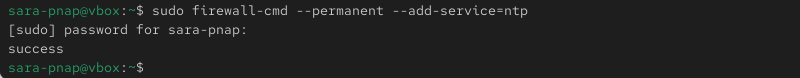 sudo firewall-cmd --permanent --add-service=ntp terminal output