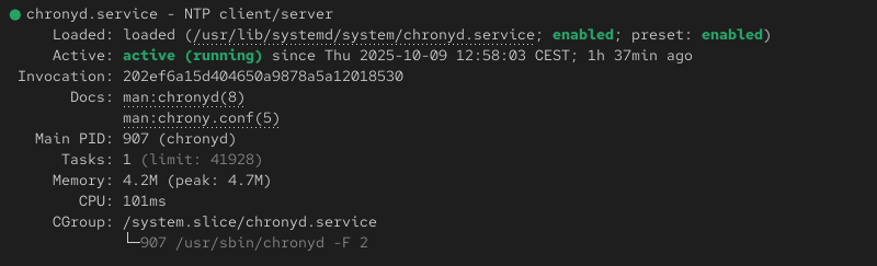 sudo systemctl status chronyd terminal output