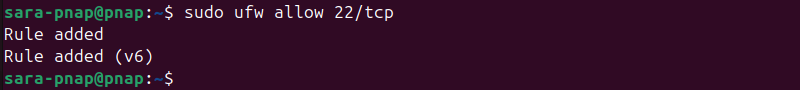 sudo ufw allow 22/tcp terminal output
