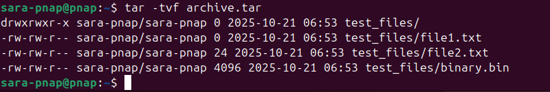 tar -tvf archive.tar terminal output