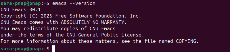 terminal output for emacs --version