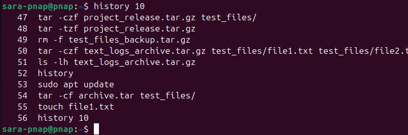 Terminal output for history 10