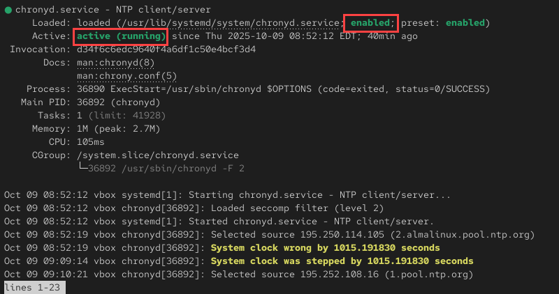 terminal output for sudo systemctl status chronyd