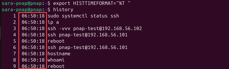 Terminal output for time shown in the history command