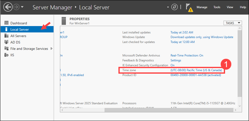 Setting the time zone in Windows Server.