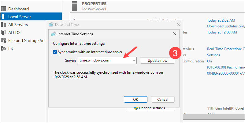 Update the internet time in Windows Server.