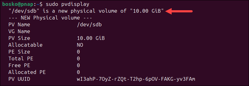 Displaying physical volumes in Linux.