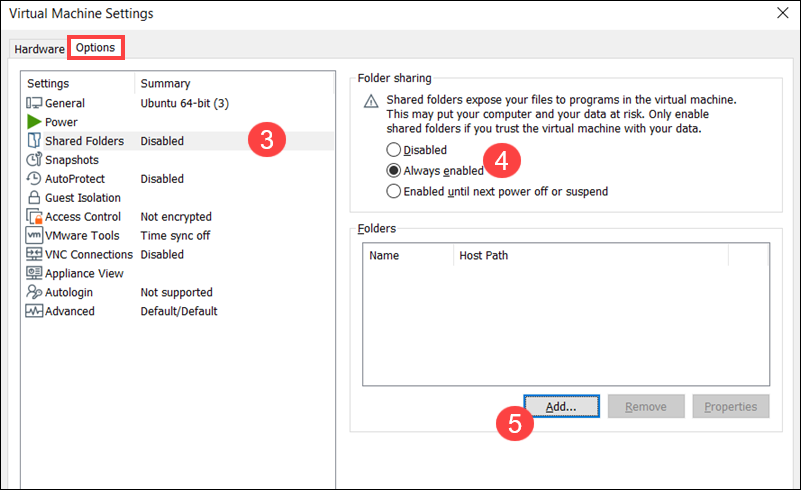 Settings for VM in VMware.