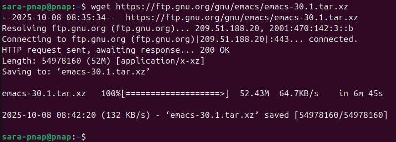 wget https://ftp.gnu.org/gnu/emacs/emacs-30.1.tar.xz terminal output