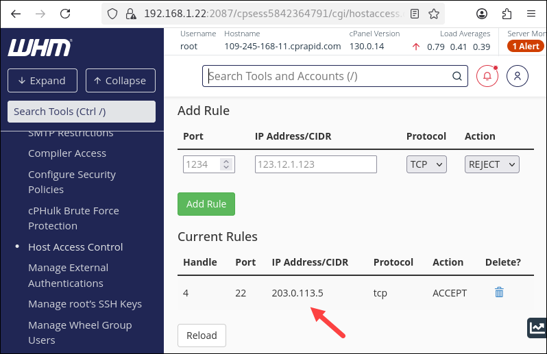Whitelist an IP address in WHM Host Access Control.