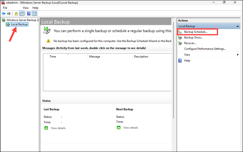 Setting up automatic backups in Windows Server Backup.