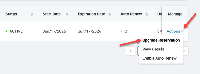 Upgrade Reservation option in the Actions menu.