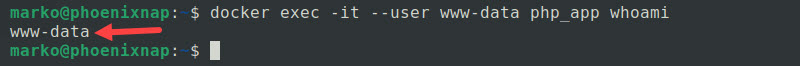 Executing a command as a different user inside a PHP app container.