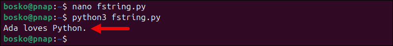 Using the Python f-string method to concatenate strings.