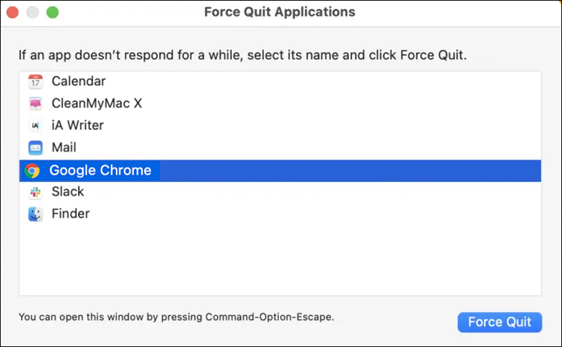 Select Chrome from the list in Force Quit Application on Mac