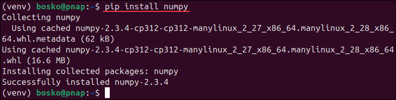 Installing NumPy with pip.