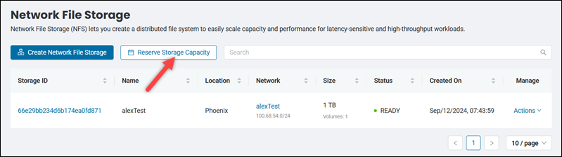 The location of the Reserve Storage Capacity button on the Network File Storage page.