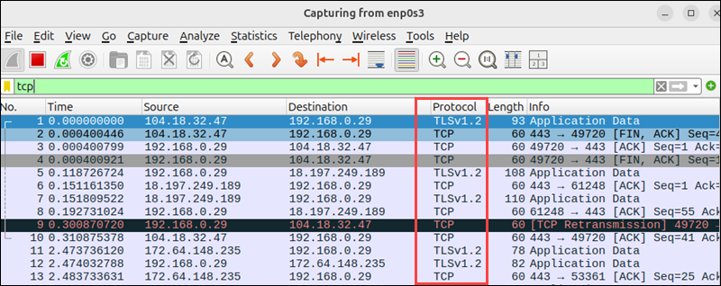 Wireshark now displays only packets using the TCP protocol.