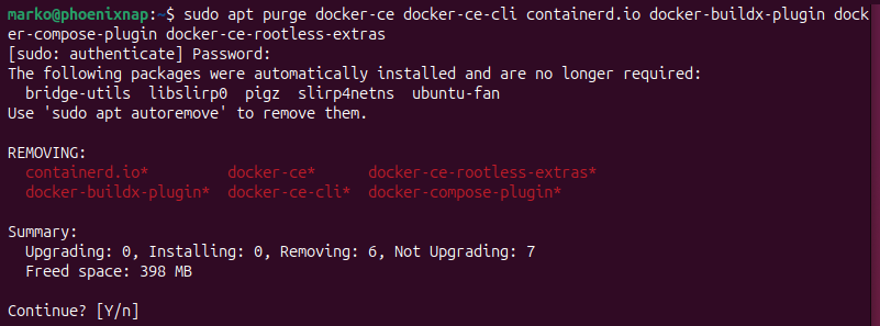 Using apt purge to completely remove a Docker installation.