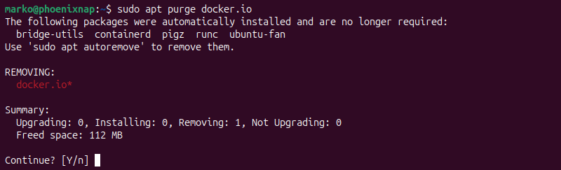 Using apt purge to completely remove a legacy Docker installation.
