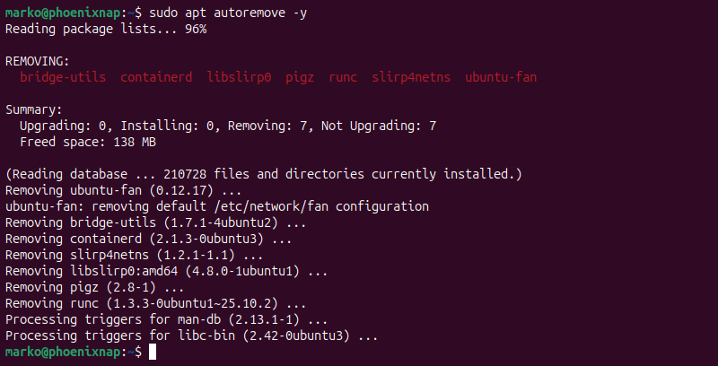 Using apt autoremove to remove any residual dependencies.