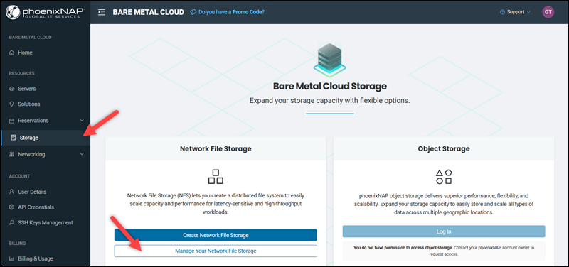 The location of the Manage Your Network File Storage button on the Storage page.