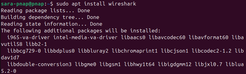 sudo apt install wireshark terminal output