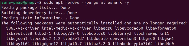 sudo apt remove --purge wireshark -y terminal output