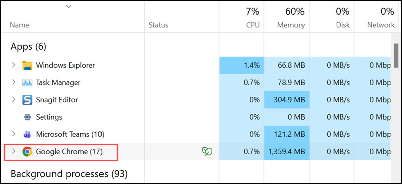 Select Chrome from the list in Task Manager on Windows
