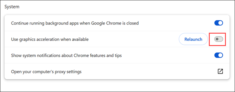 3. Toggle Use hardware acceleration when available off.